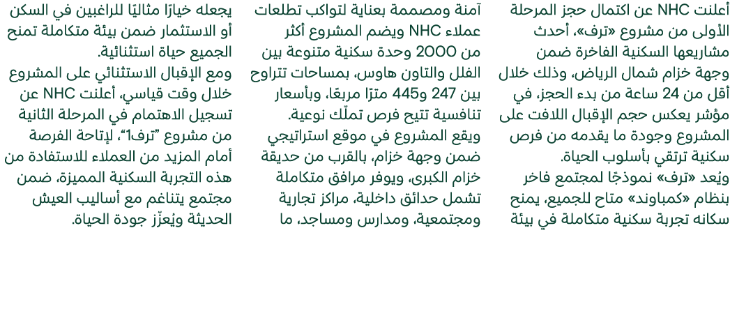 أعلنت NHC عن اكتمال حجز المرحلة الأولى من مشروع «ترف»، أحدث مشاريعها السكنية الفاخرة ضمن وجهة خزام شمال الرياض، وذلك ...